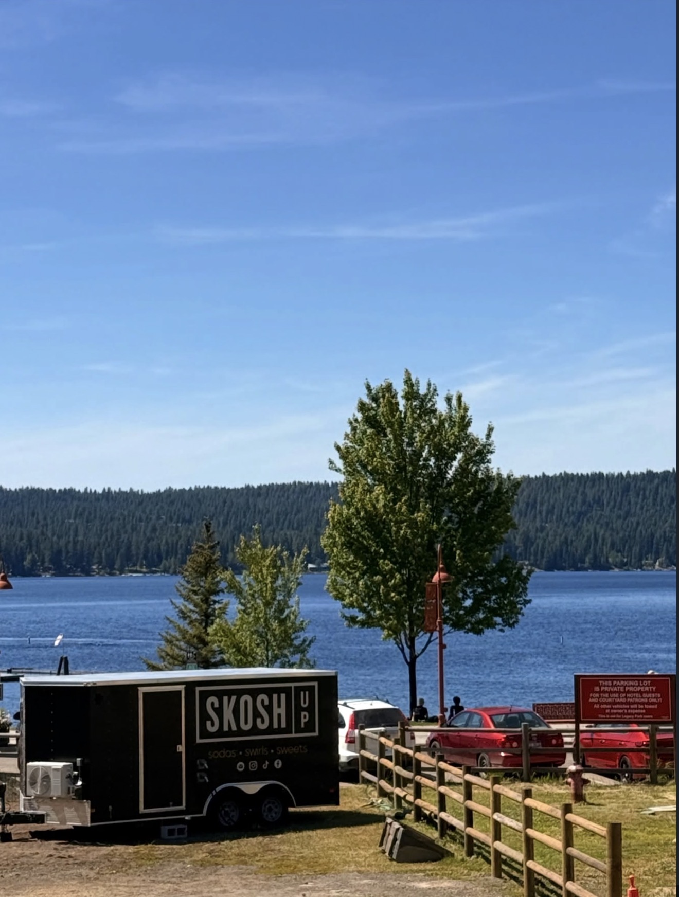 The Skosh Up trailer parked lakeside on Payette Lake, McCall, Idaho